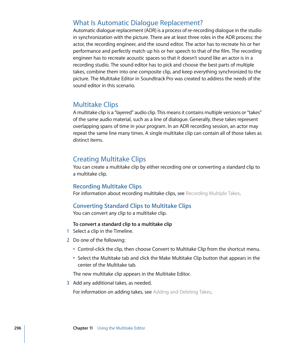 What is automatic dialogue replacement, Multitake clips, Creating multitake clips | Recording multitake clips, Converting standard clips to multitake clips | Apple Soundtrack Pro 3 User Manual | Page 296 / 542