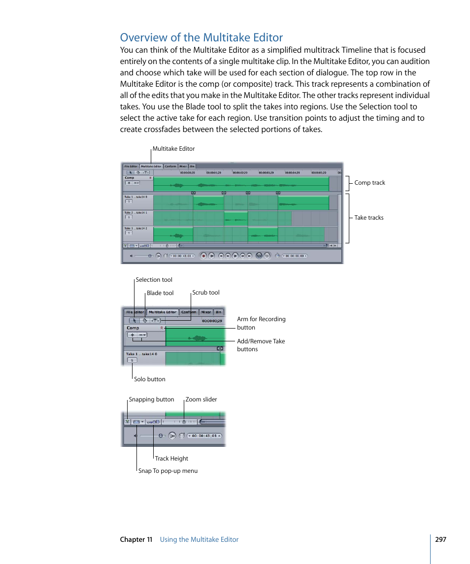 Overview of the multitake editor | Apple Soundtrack Pro 3 User Manual | Page 297 / 542