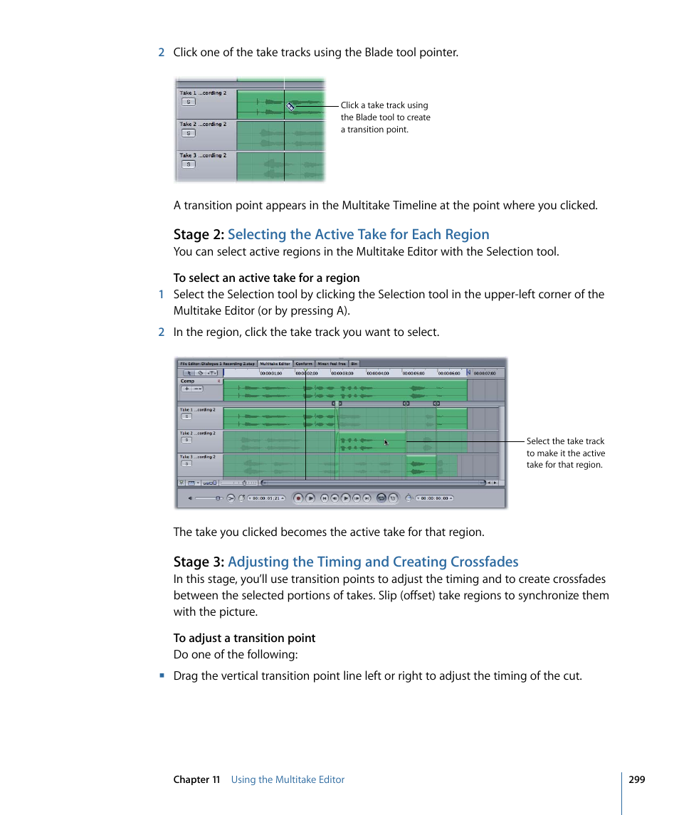 Stage 2: selecting the active take for each region | Apple Soundtrack Pro 3 User Manual | Page 299 / 542