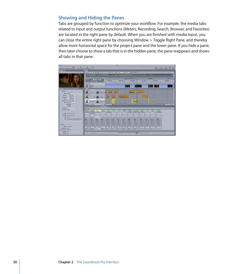 Showing and hiding the panes | Apple Soundtrack Pro 3 User Manual | Page 30 / 542