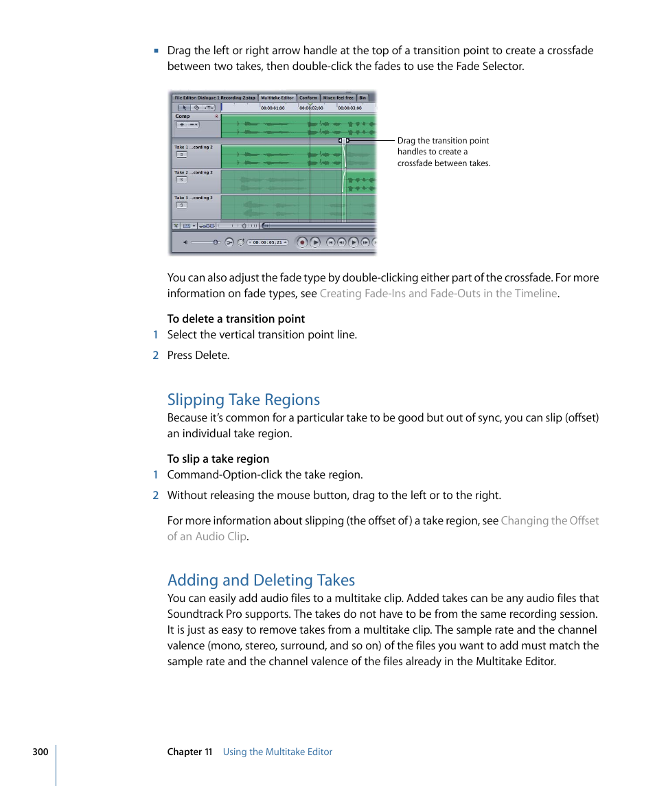 Slipping take regions, Adding and deleting takes | Apple Soundtrack Pro 3 User Manual | Page 300 / 542