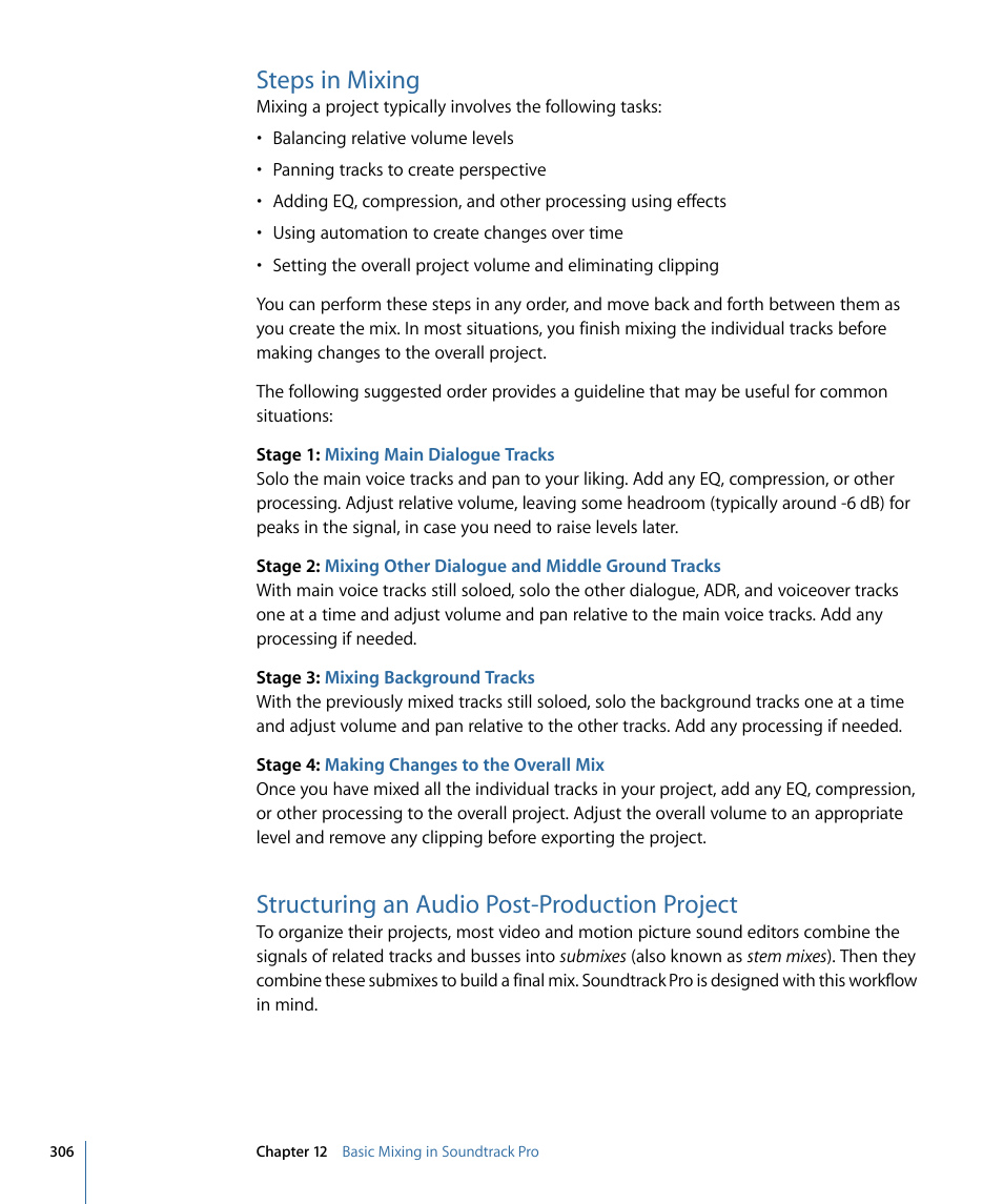 Steps in mixing, Structuring an audio post-production project | Apple Soundtrack Pro 3 User Manual | Page 306 / 542