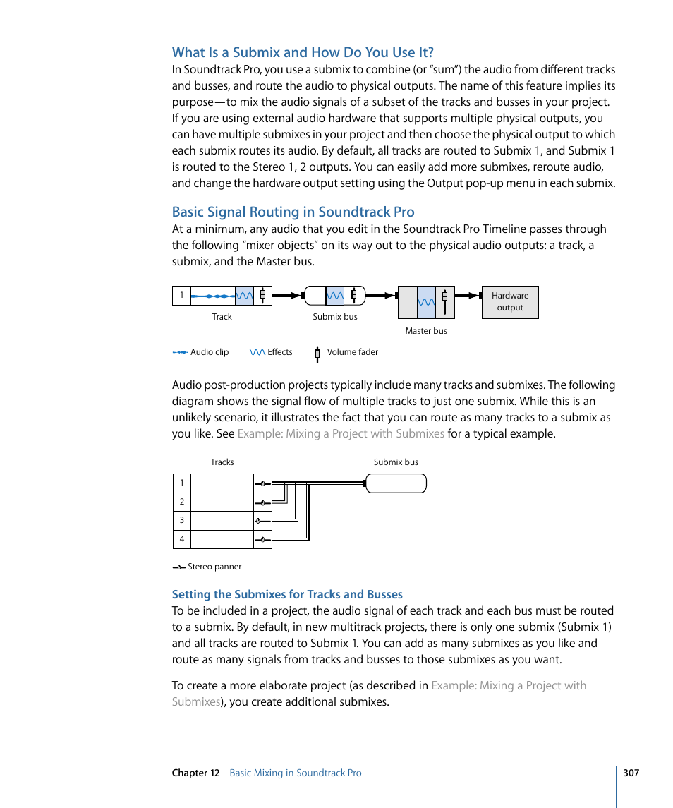 What is a submix and how do you use it, Basic signal routing in soundtrack pro, Setting the submixes for tracks and busses | Basic signal routing in, Soundtrack pro | Apple Soundtrack Pro 3 User Manual | Page 307 / 542