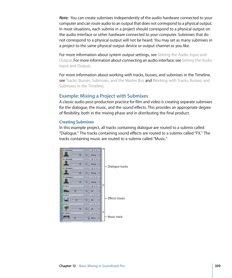 Example: mixing a project with submixes, Creating submixes, Example: mixing a project with | Submixes | Apple Soundtrack Pro 3 User Manual | Page 309 / 542