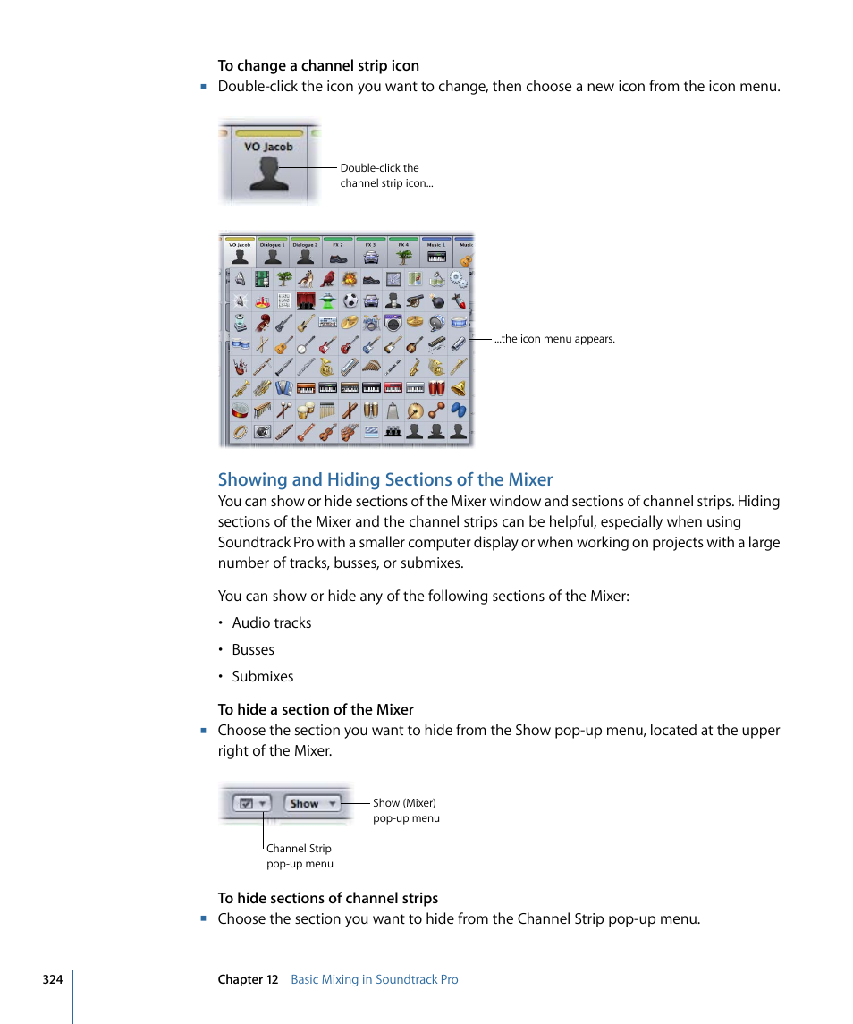 Showing and hiding sections of the mixer | Apple Soundtrack Pro 3 User Manual | Page 324 / 542