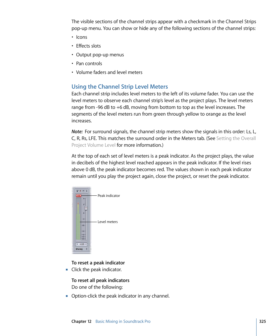 Using the channel strip level meters | Apple Soundtrack Pro 3 User Manual | Page 325 / 542