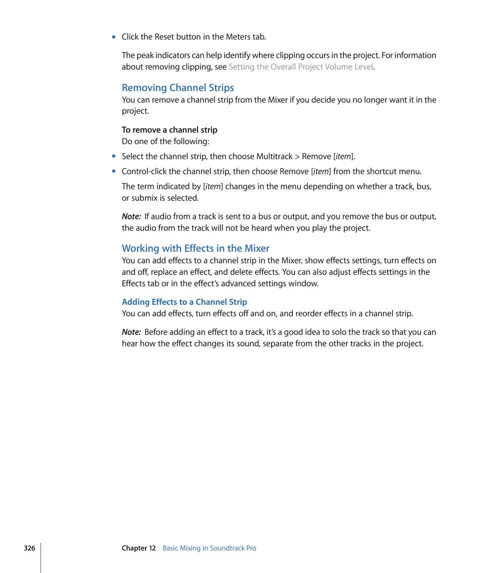 Removing channel strips, Working with effects in the mixer, Adding effects to a channel strip | Apple Soundtrack Pro 3 User Manual | Page 326 / 542