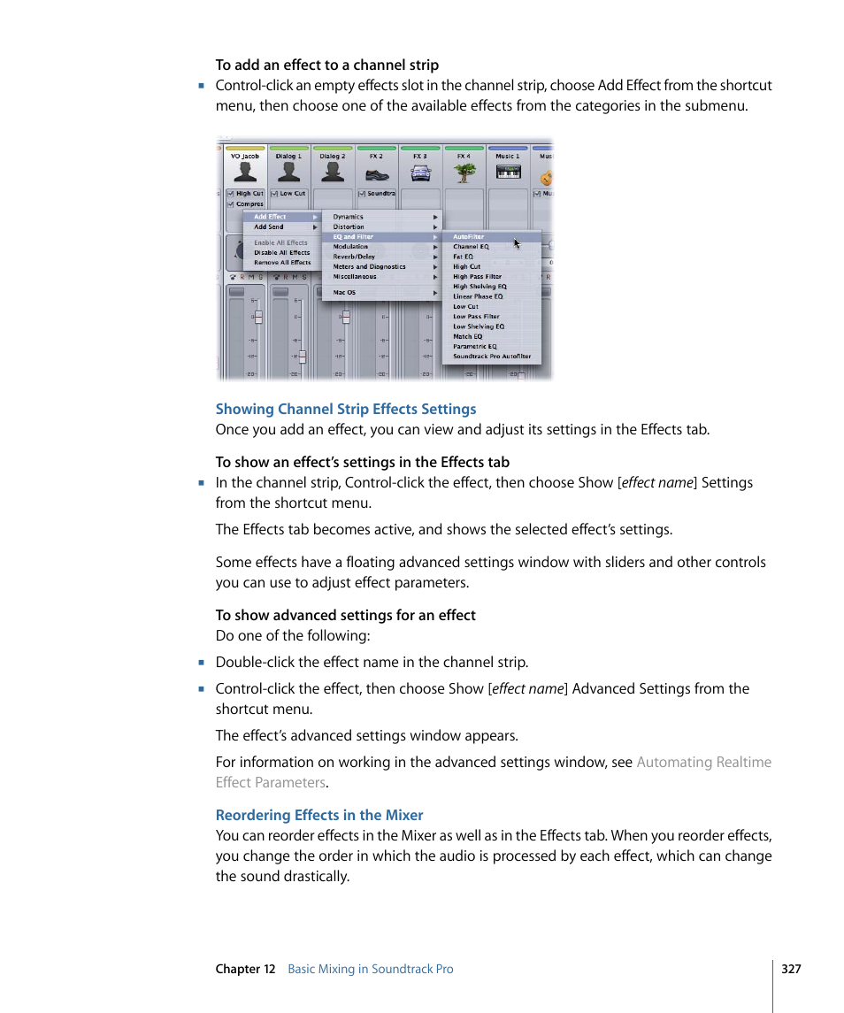 Showing channel strip effects settings, Reordering effects in the mixer | Apple Soundtrack Pro 3 User Manual | Page 327 / 542