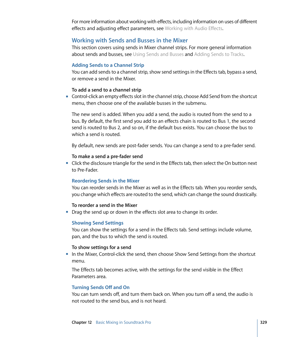 Working with sends and busses in the mixer, Adding sends to a channel strip, Reordering sends in the mixer | Showing send settings, Turning sends off and on, Working with sends, And busses in the mixer | Apple Soundtrack Pro 3 User Manual | Page 329 / 542