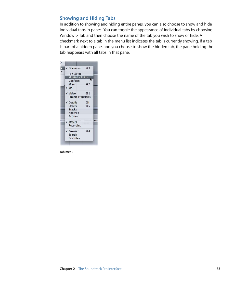 Showing and hiding tabs | Apple Soundtrack Pro 3 User Manual | Page 33 / 542