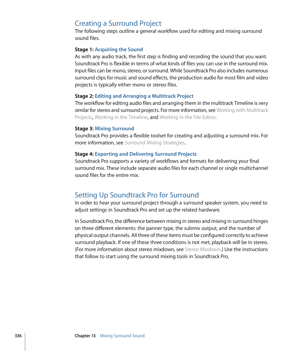 Creating a surround project, Setting up soundtrack pro for surround | Apple Soundtrack Pro 3 User Manual | Page 336 / 542