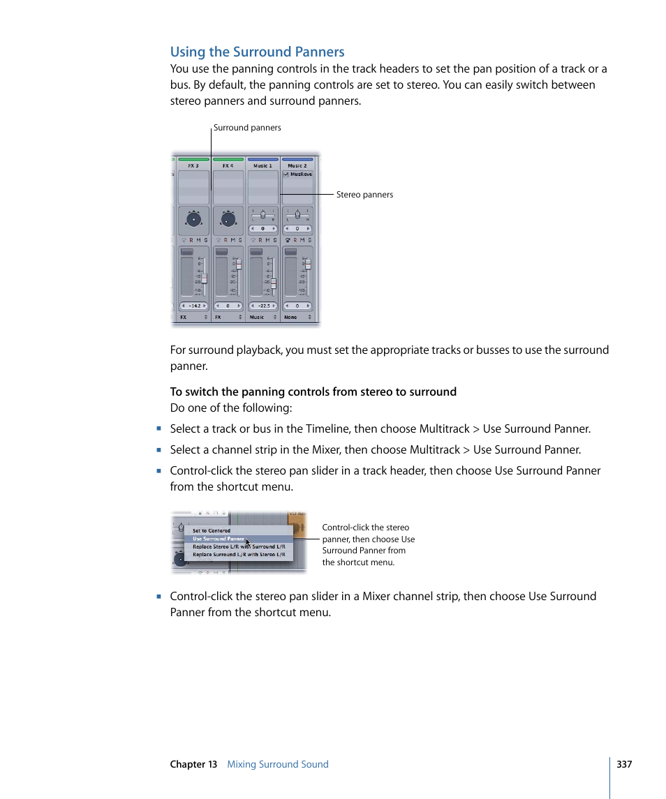 Using the surround panners | Apple Soundtrack Pro 3 User Manual | Page 337 / 542