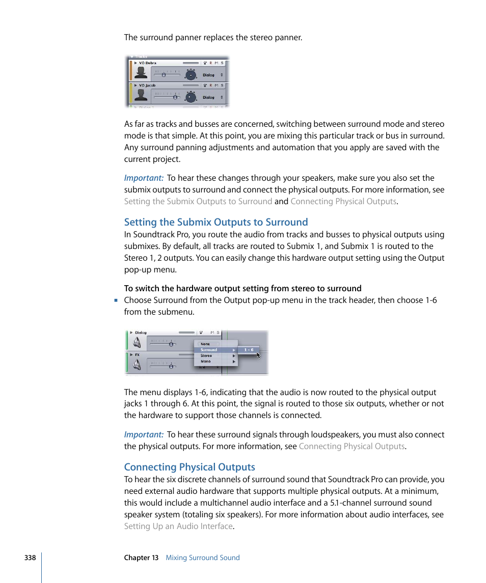 Setting the submix outputs to surround, Connecting physical outputs | Apple Soundtrack Pro 3 User Manual | Page 338 / 542