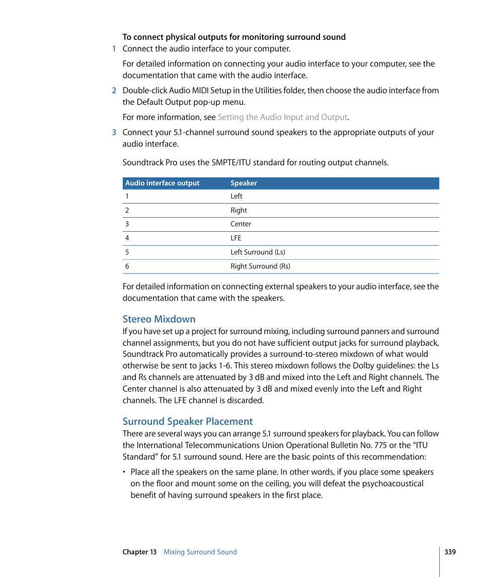 Stereo mixdown, Surround speaker placement | Apple Soundtrack Pro 3 User Manual | Page 339 / 542