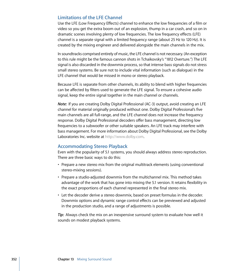 Limitations of the lfe channel, Accommodating stereo playback | Apple Soundtrack Pro 3 User Manual | Page 352 / 542