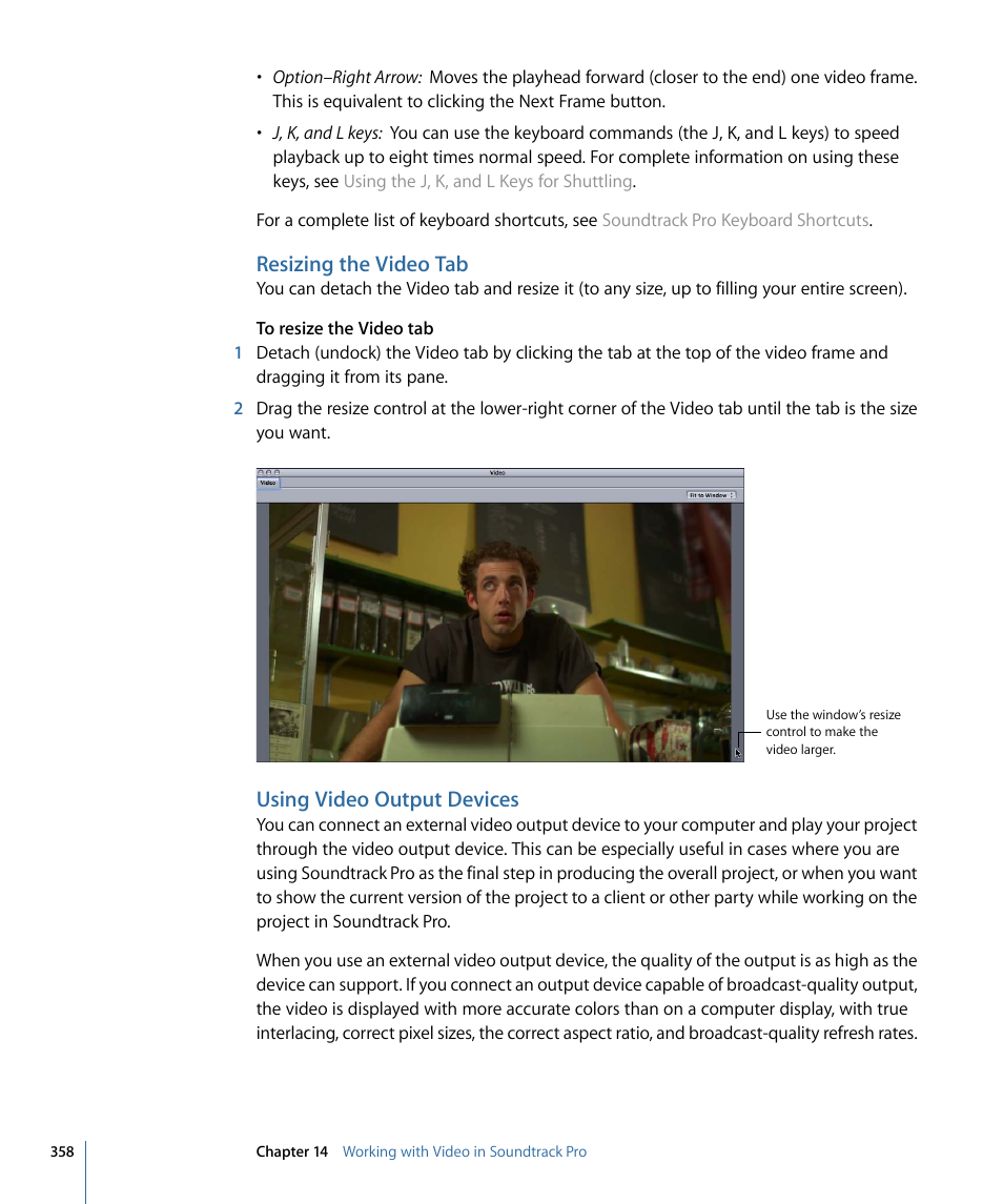 Resizing the video tab, Using video output devices | Apple Soundtrack Pro 3 User Manual | Page 358 / 542