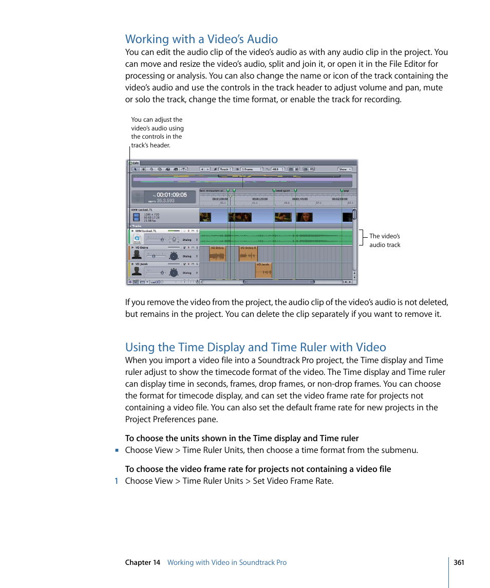 Working with a video’s audio, Using the time display and time ruler with video | Apple Soundtrack Pro 3 User Manual | Page 361 / 542