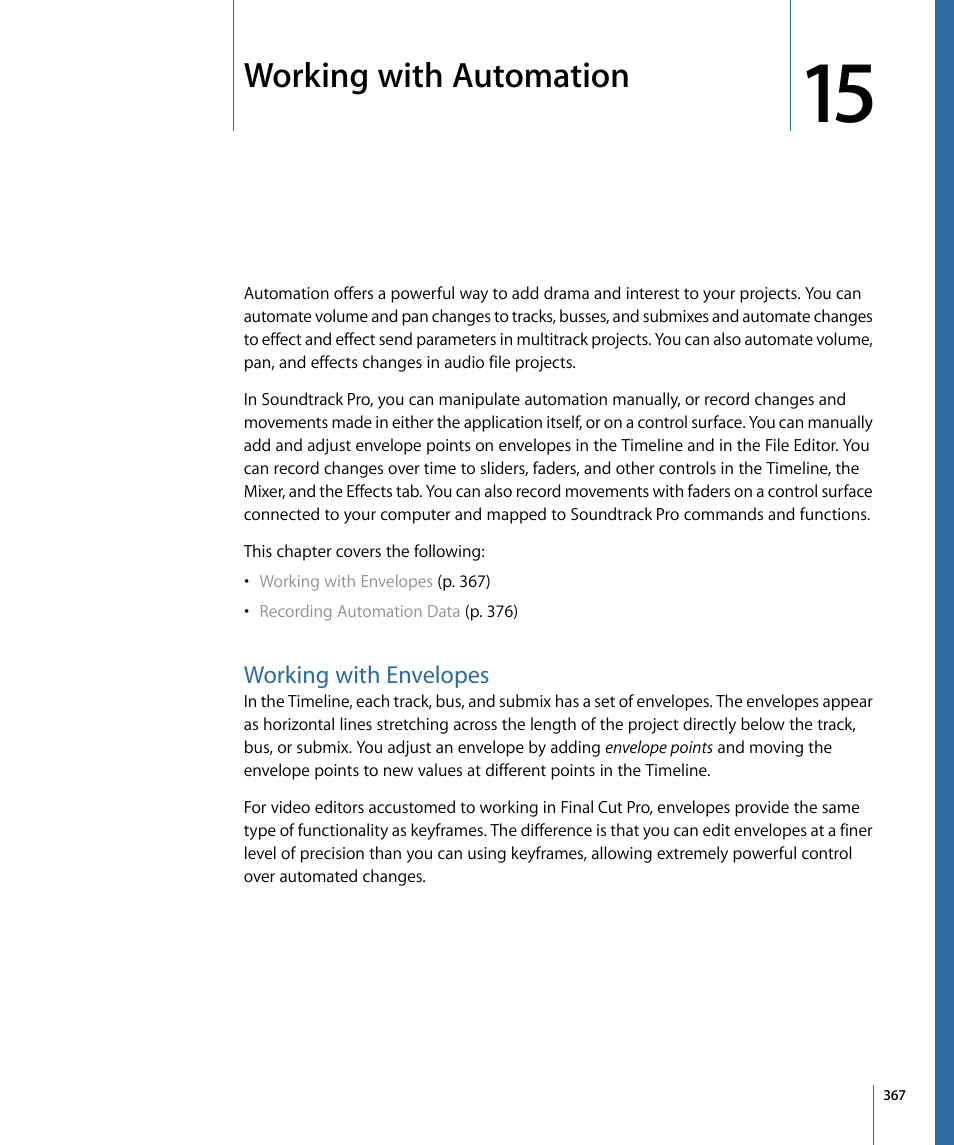 Working with automation, Working with envelopes, Working | With automation | Apple Soundtrack Pro 3 User Manual | Page 367 / 542