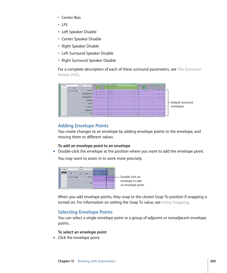 Adding envelope points, Selecting envelope points | Apple Soundtrack Pro 3 User Manual | Page 369 / 542
