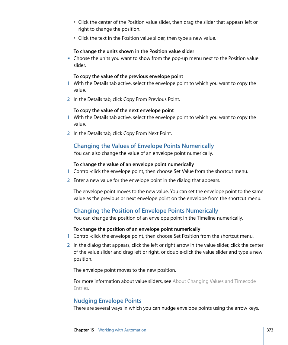 Changing the values of envelope points numerically, Nudging envelope points | Apple Soundtrack Pro 3 User Manual | Page 373 / 542