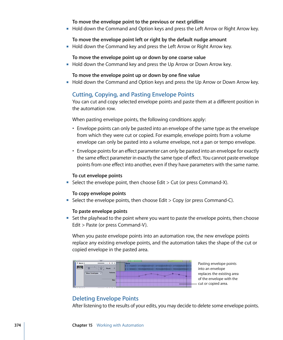 Cutting, copying, and pasting envelope points, Deleting envelope points | Apple Soundtrack Pro 3 User Manual | Page 374 / 542