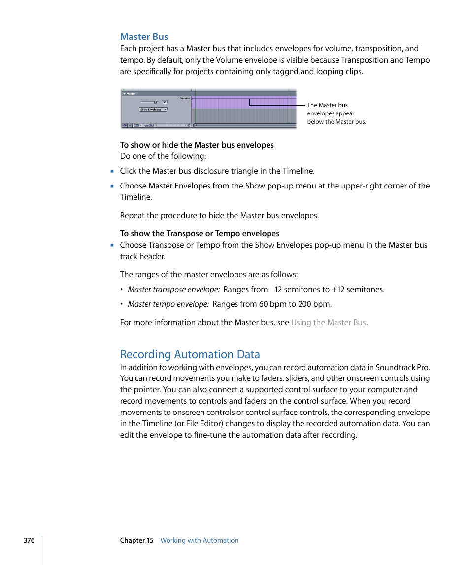 Master bus, Recording automation data | Apple Soundtrack Pro 3 User Manual | Page 376 / 542