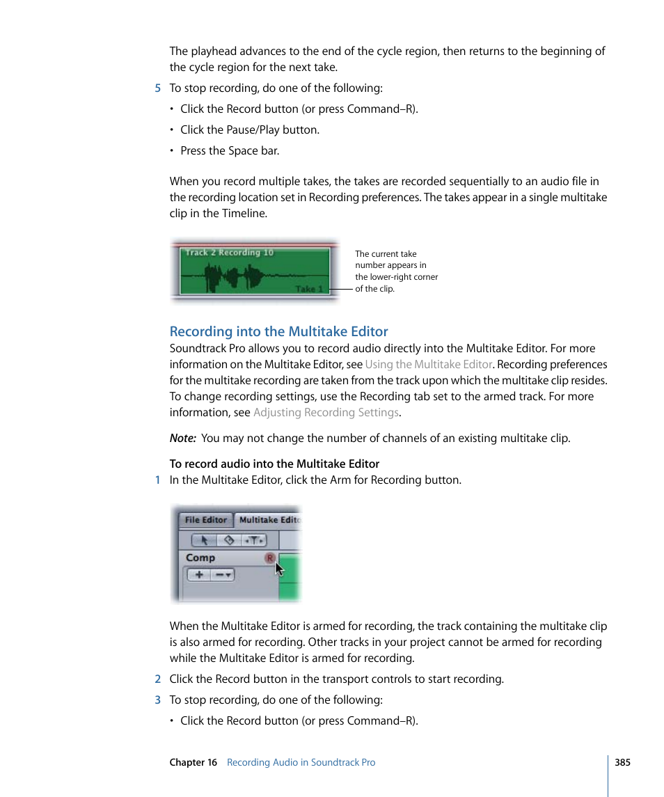 Recording into the multitake editor | Apple Soundtrack Pro 3 User Manual | Page 385 / 542