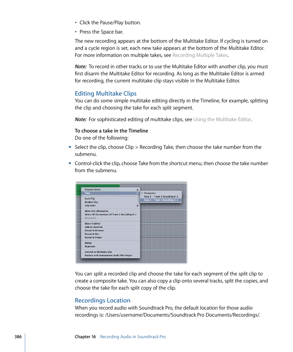 Editing multitake clips, Recordings location | Apple Soundtrack Pro 3 User Manual | Page 386 / 542