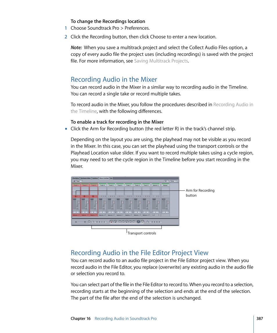 Recording audio in the mixer, Recording audio in the file editor project view | Apple Soundtrack Pro 3 User Manual | Page 387 / 542