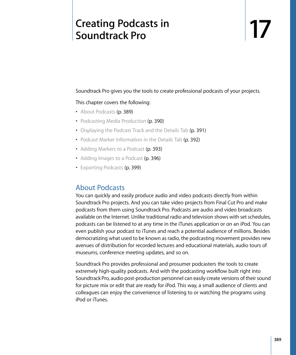 Creating podcasts in soundtrack pro, About podcasts | Apple Soundtrack Pro 3 User Manual | Page 389 / 542