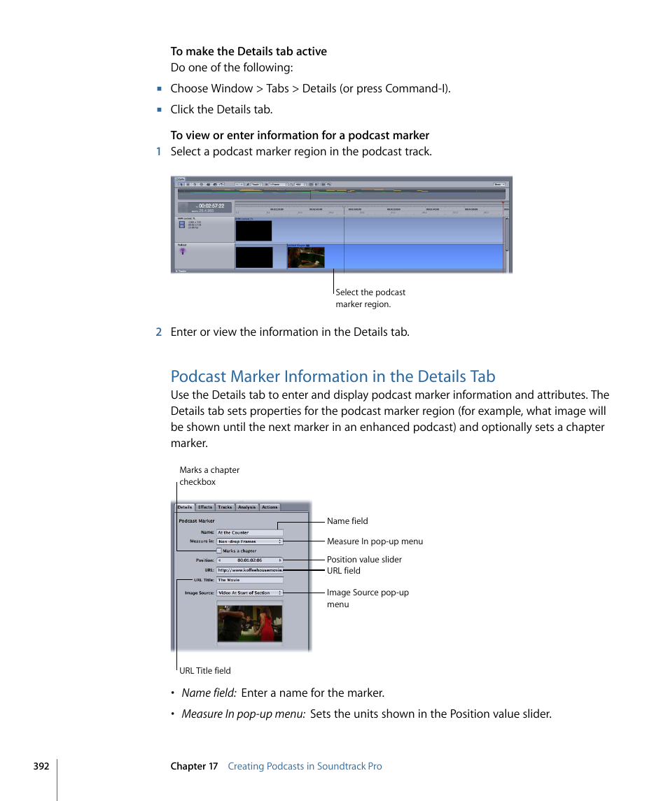 Podcast marker information in the details tab | Apple Soundtrack Pro 3 User Manual | Page 392 / 542