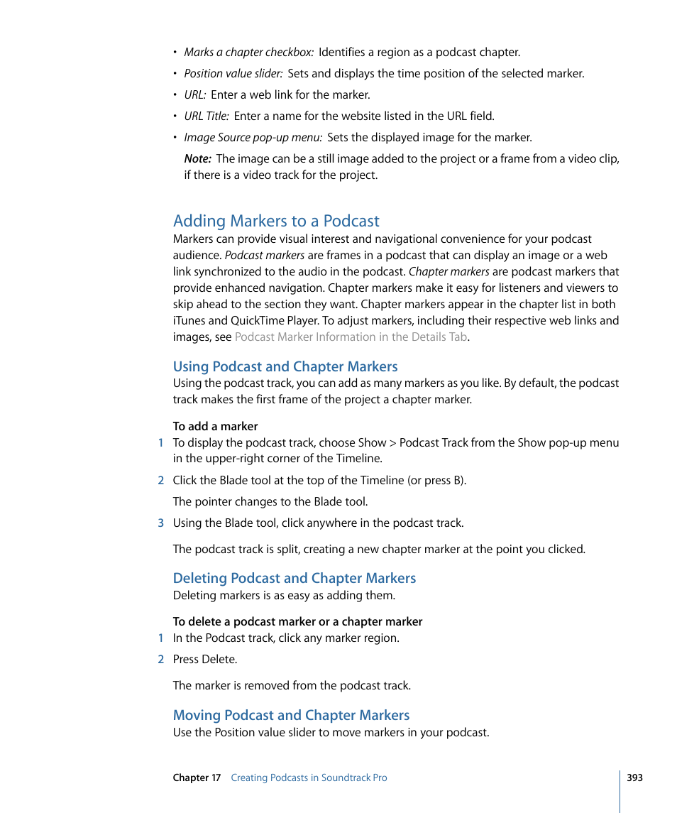 Adding markers to a podcast, Using podcast and chapter markers, Deleting podcast and chapter markers | Moving podcast and chapter markers | Apple Soundtrack Pro 3 User Manual | Page 393 / 542