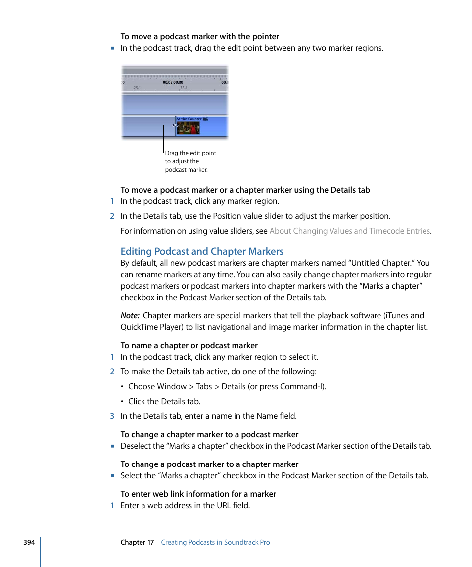 Editing podcast and chapter markers | Apple Soundtrack Pro 3 User Manual | Page 394 / 542