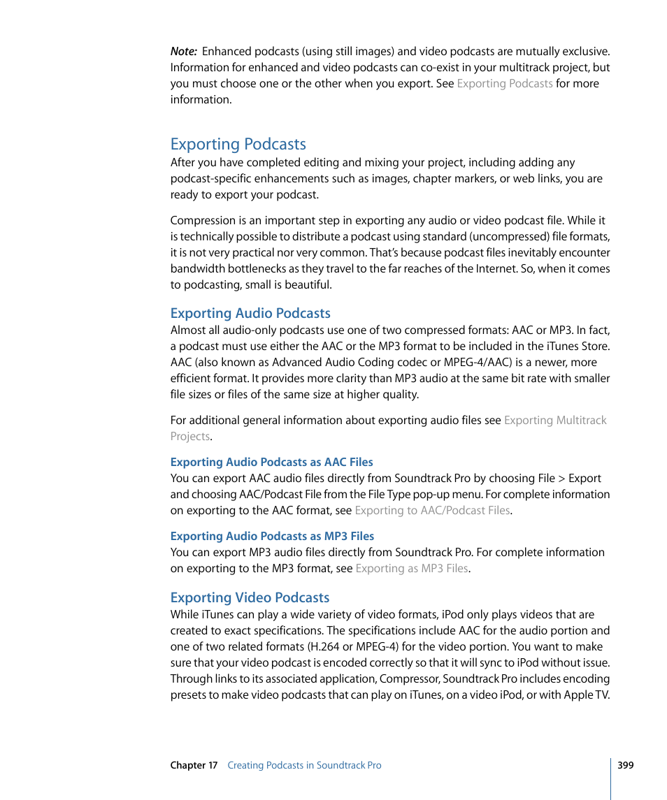 Exporting podcasts, Exporting audio podcasts, Exporting audio podcasts as aac files | Exporting audio podcasts as mp3 files, Exporting video podcasts | Apple Soundtrack Pro 3 User Manual | Page 399 / 542