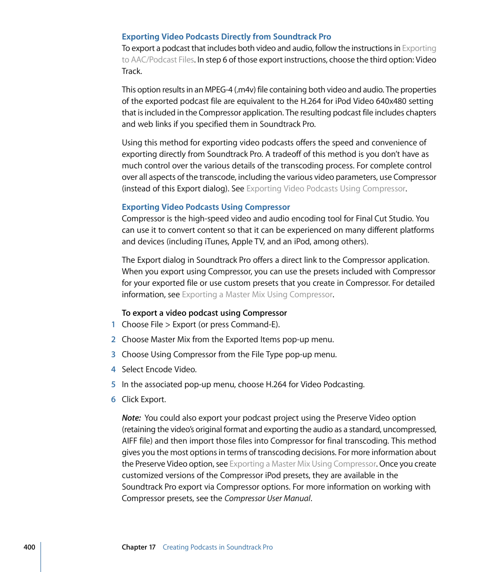 Exporting video podcasts using compressor | Apple Soundtrack Pro 3 User Manual | Page 400 / 542