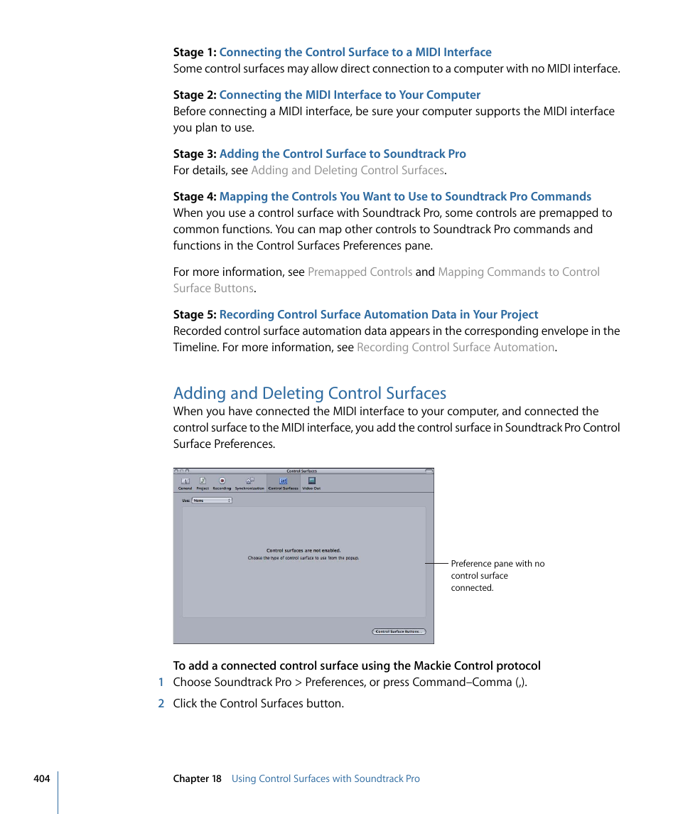 Adding and deleting control surfaces | Apple Soundtrack Pro 3 User Manual | Page 404 / 542