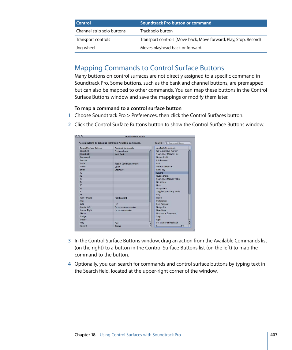 Mapping commands to control surface buttons, Mapping commands to control, Surface buttons | Apple Soundtrack Pro 3 User Manual | Page 407 / 542