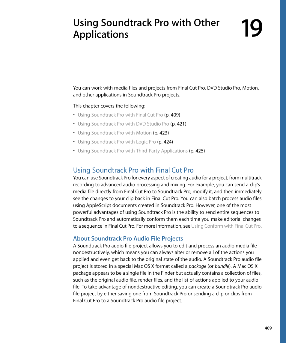 Using soundtrack pro with other applications, Using soundtrack pro with final cut pro, About soundtrack pro audio file projects | Using soundtrack pro, With other applications | Apple Soundtrack Pro 3 User Manual | Page 409 / 542