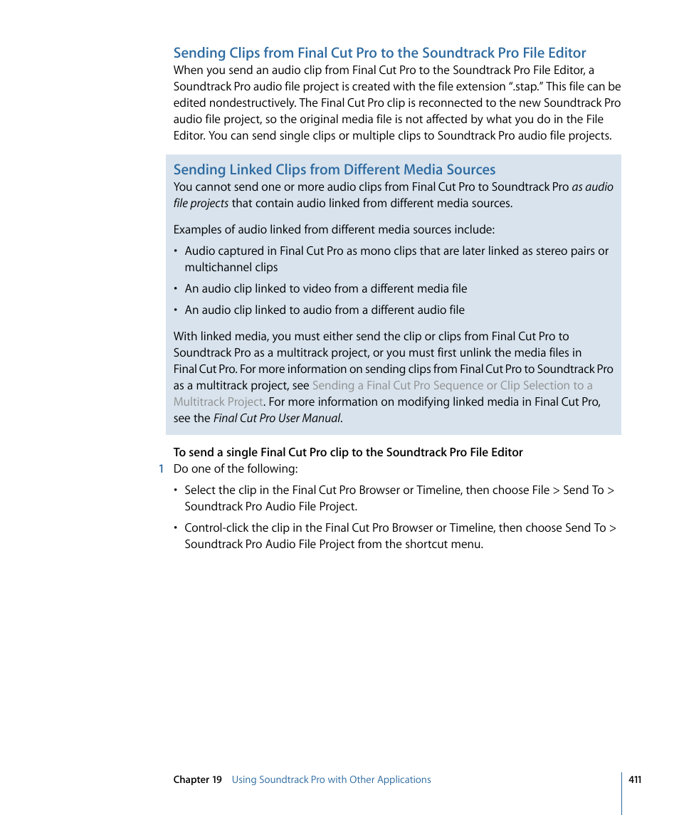 Sending, Sending linked clips from different media sources | Apple Soundtrack Pro 3 User Manual | Page 411 / 542