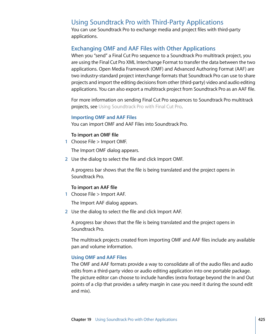 Using soundtrack pro with third-party applications, Importing omf and aaf files, Using omf and aaf files | Apple Soundtrack Pro 3 User Manual | Page 425 / 542