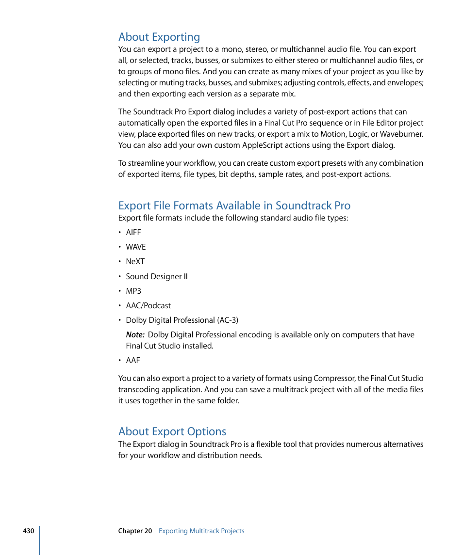 About exporting, Export file formats available in soundtrack pro, About export options | Apple Soundtrack Pro 3 User Manual | Page 430 / 542