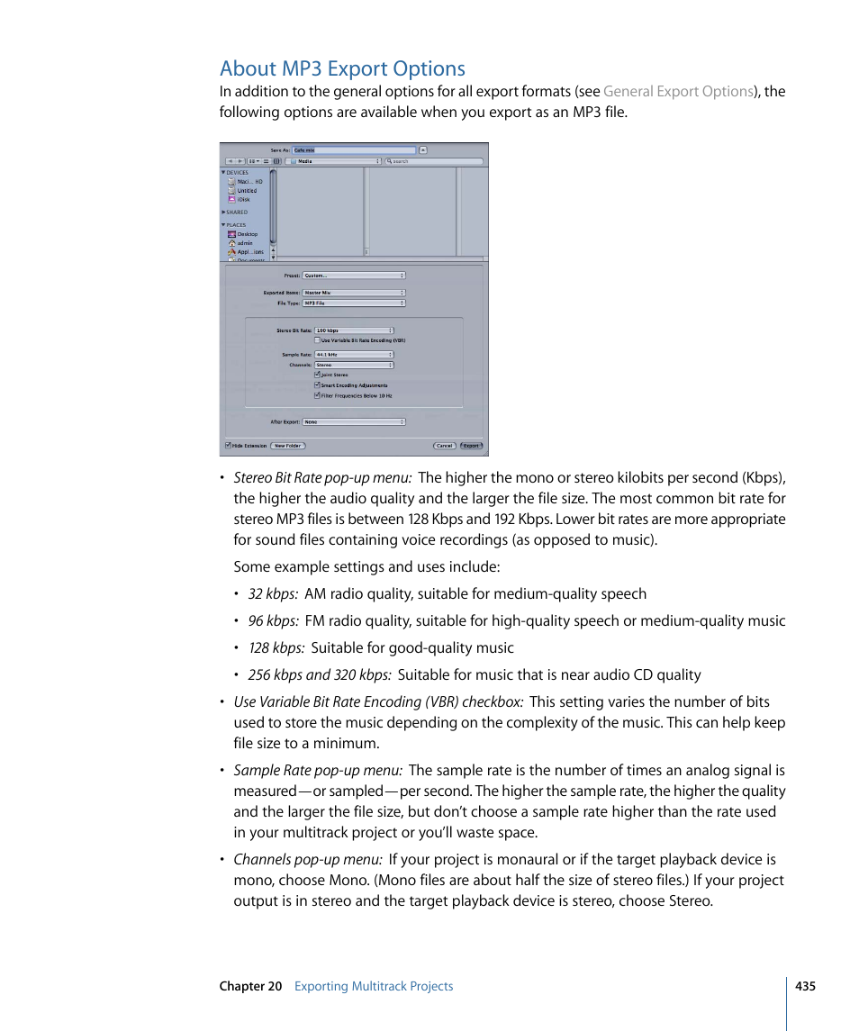 About mp3 export options | Apple Soundtrack Pro 3 User Manual | Page 435 / 542