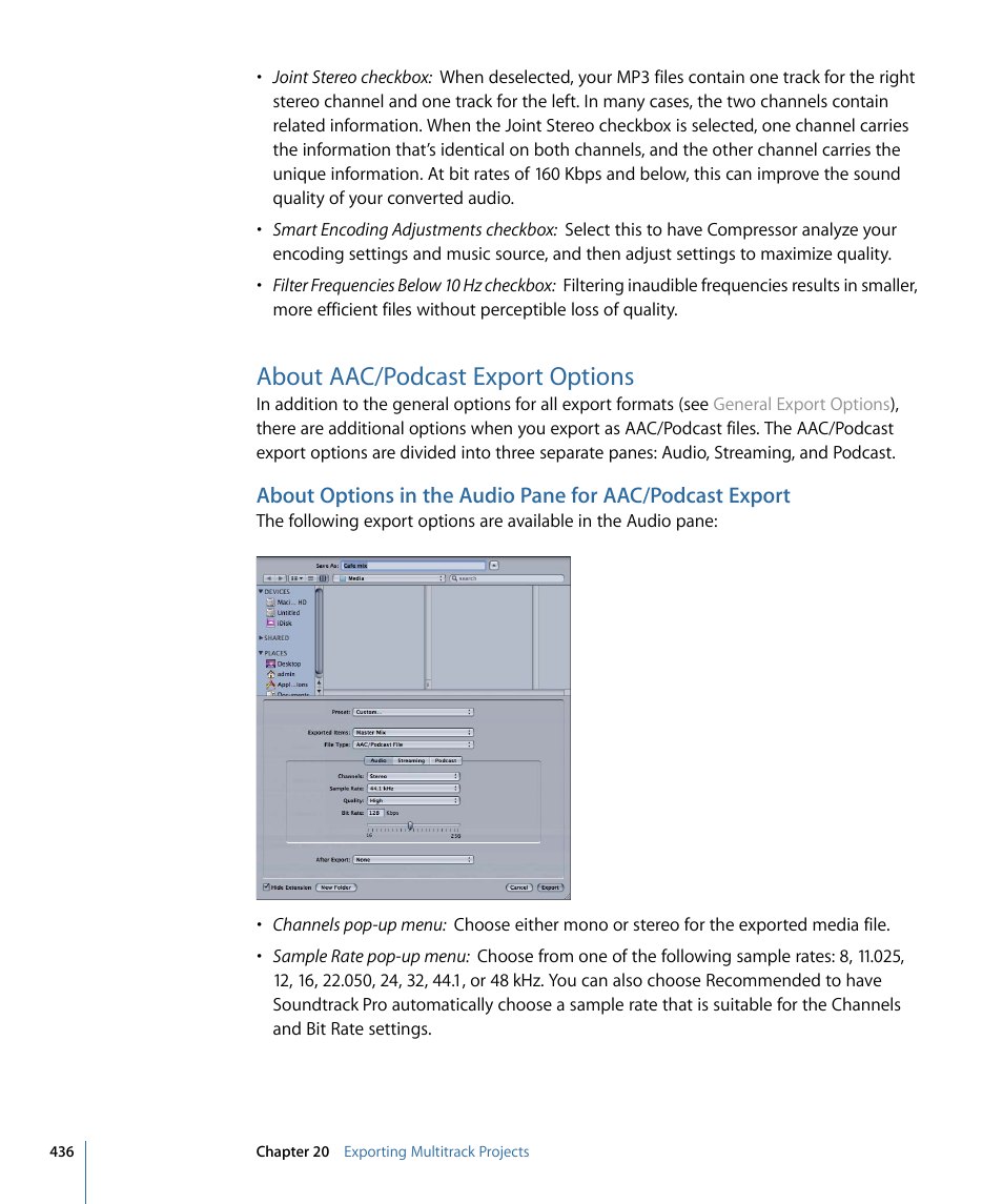 About aac/podcast export options, About aac/podcast export, Options | Apple Soundtrack Pro 3 User Manual | Page 436 / 542