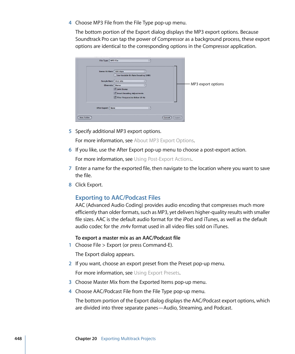 Exporting to aac/podcast files, Exporting, To aac/podcast files | Apple Soundtrack Pro 3 User Manual | Page 448 / 542