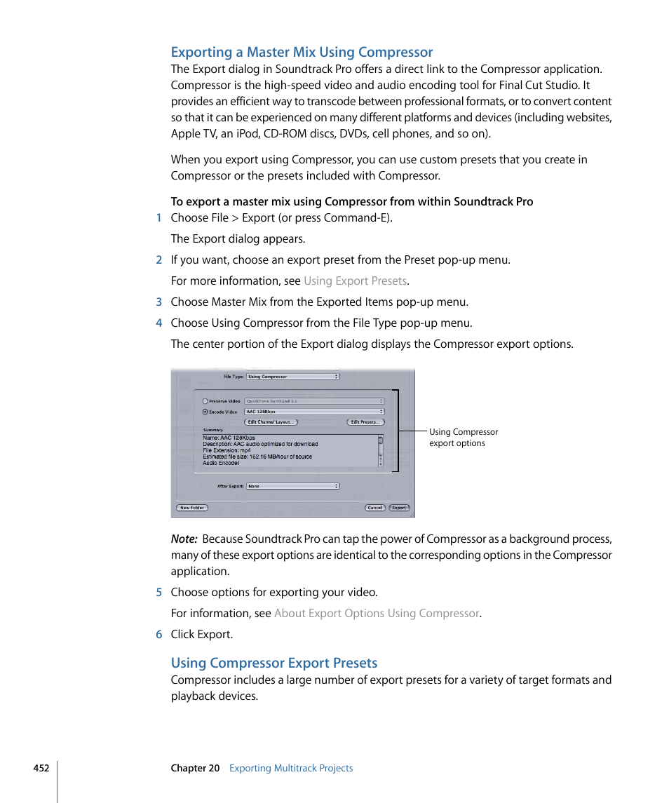 Exporting a master mix using compressor, Using compressor export presets, Using compressor export | Presets | Apple Soundtrack Pro 3 User Manual | Page 452 / 542