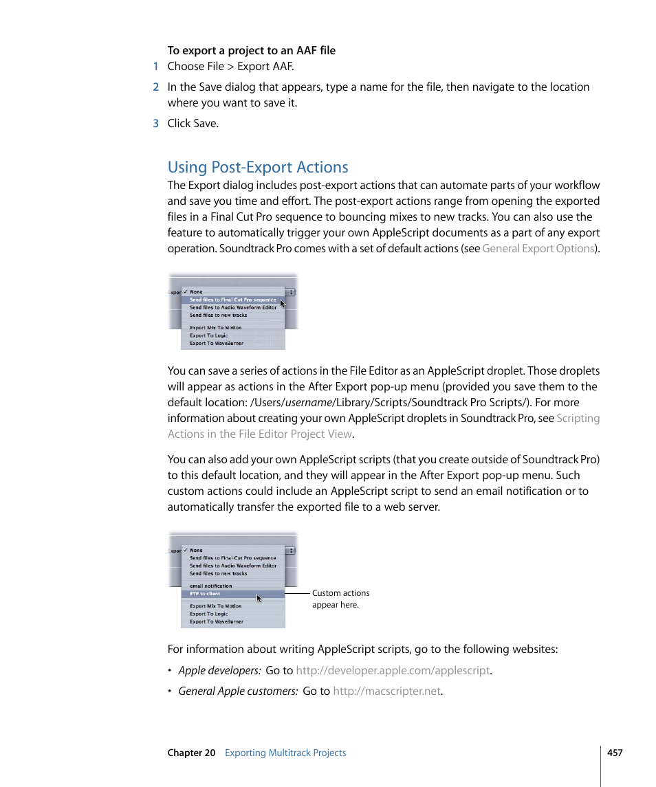 Using post-export actions, Using, Post-export actions | Apple Soundtrack Pro 3 User Manual | Page 457 / 542