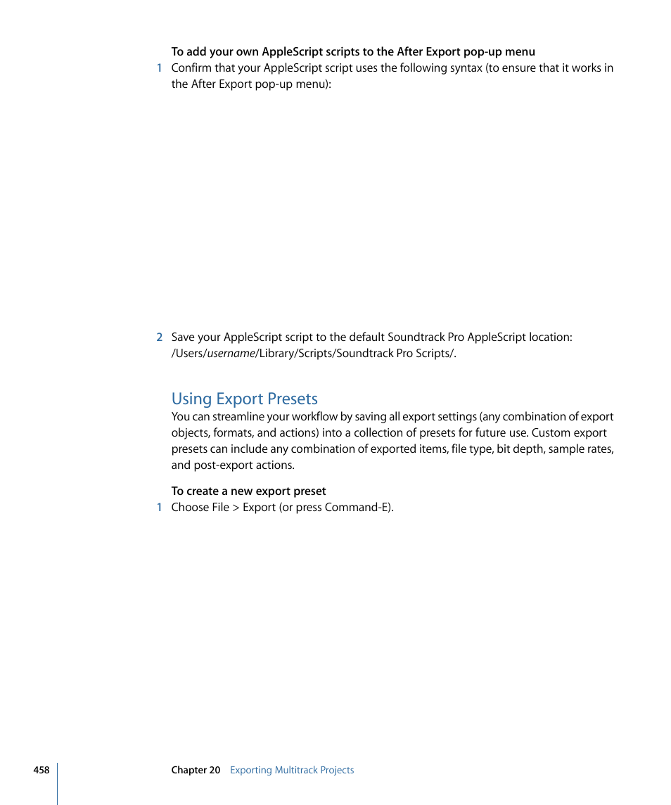 Using export presets, Using export, Presets | Apple Soundtrack Pro 3 User Manual | Page 458 / 542