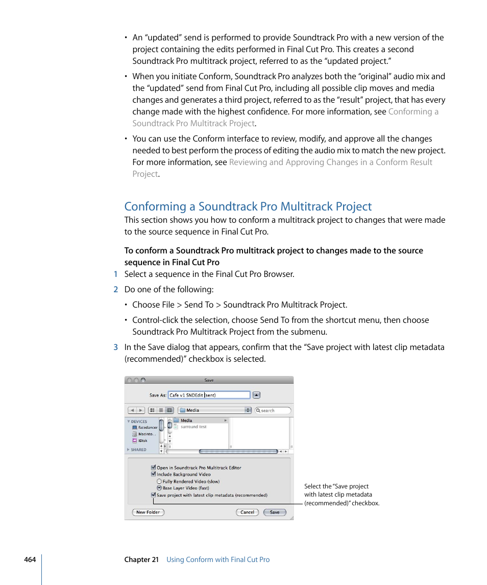 Conforming a soundtrack pro multitrack project | Apple Soundtrack Pro 3 User Manual | Page 464 / 542