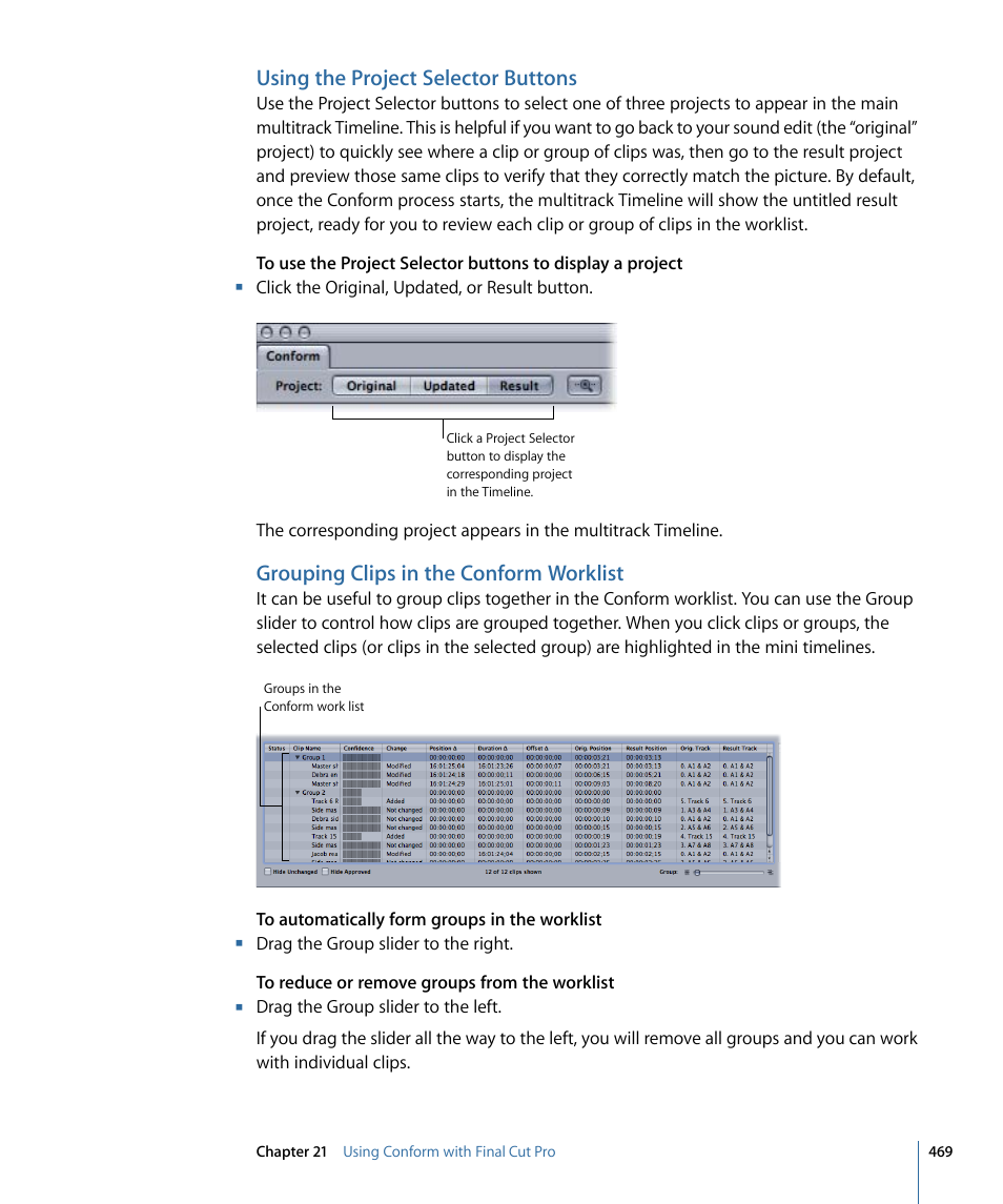 Using the project selector buttons, Grouping clips in the conform worklist | Apple Soundtrack Pro 3 User Manual | Page 469 / 542