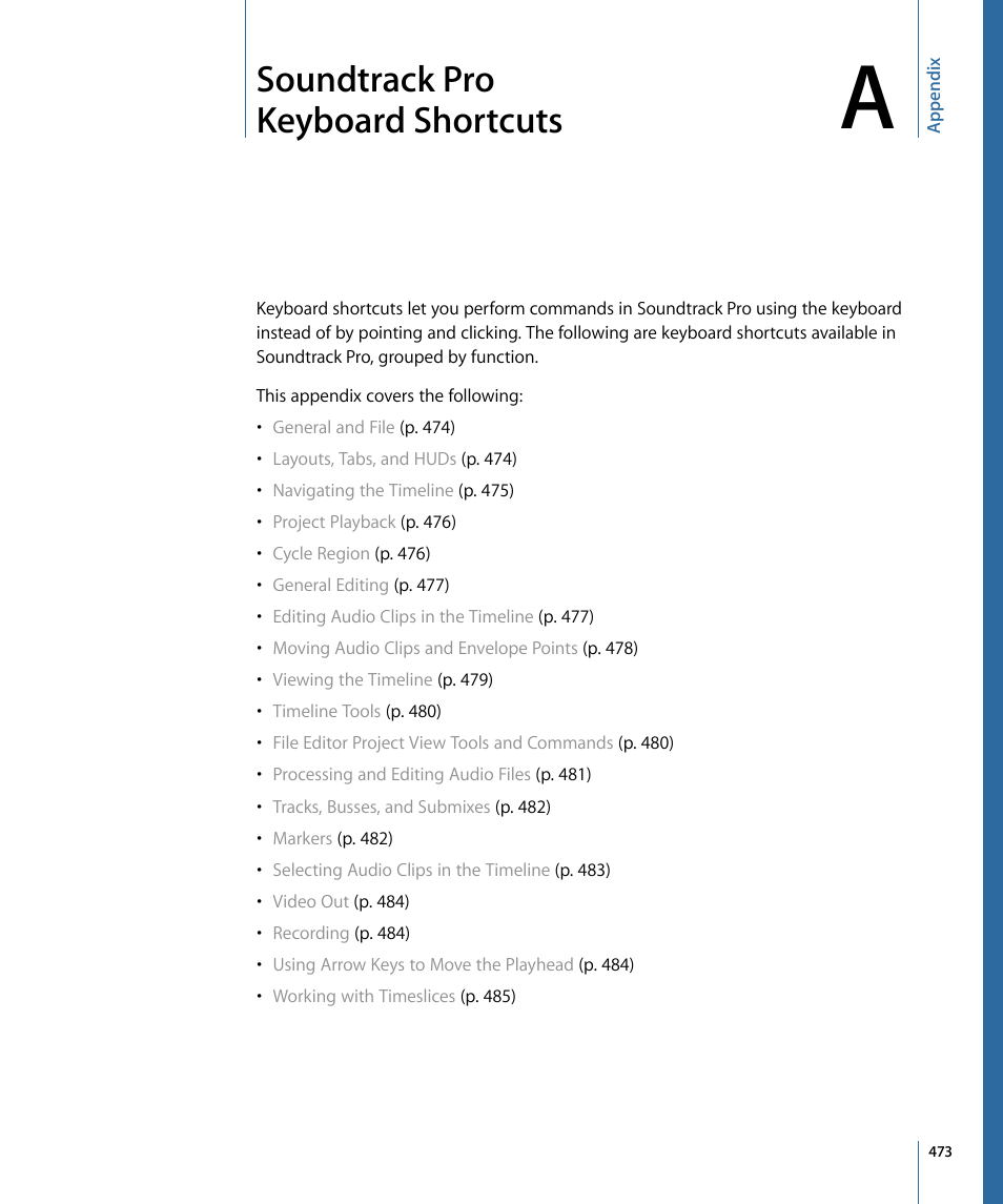 Appendix a: soundtrack pro keyboard shortcuts, Soundtrack pro keyboard shortcuts, Soundtrack pro | Keyboard shortcuts | Apple Soundtrack Pro 3 User Manual | Page 473 / 542